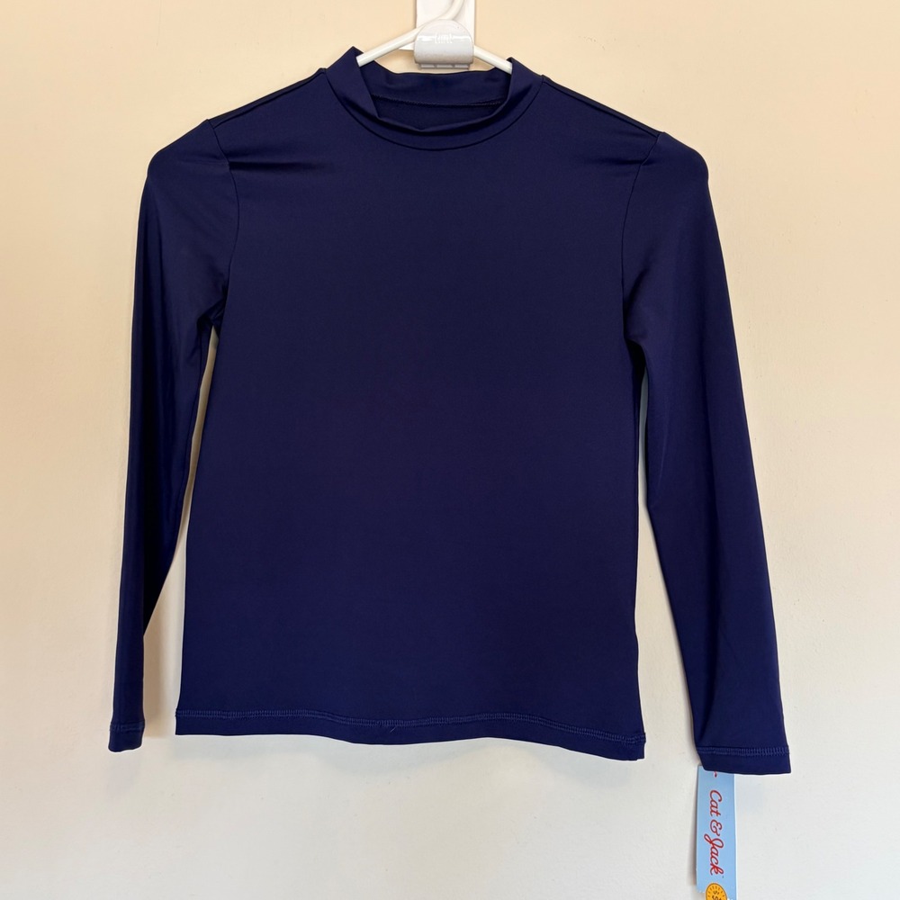 Cat & Jack Navy Blue Mock Neck UPF50+ Rash Guard Swim Shirt Medium Boy 8 NEW NWT